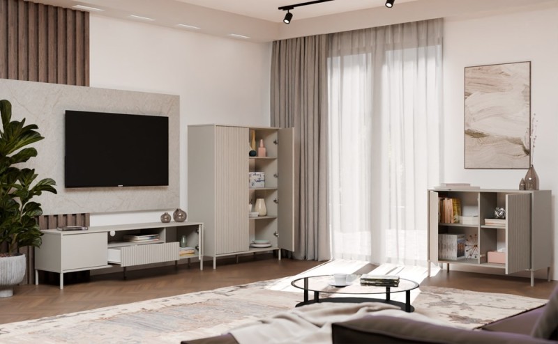 Szafka RTV Kamaro nowoczesna stojąca z lamelami ryflowana 160 cm kaszmir