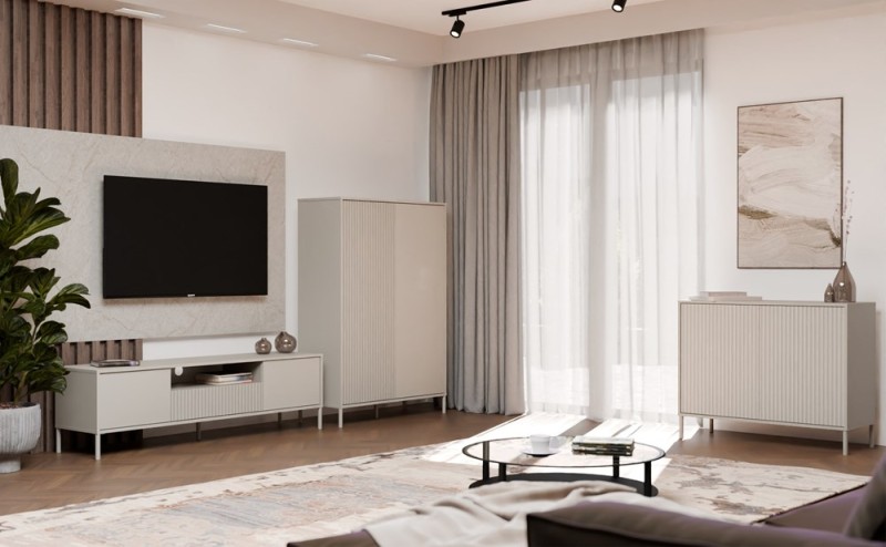 Szafka RTV Kamaro nowoczesna stojąca z lamelami ryflowana 160 cm kaszmir