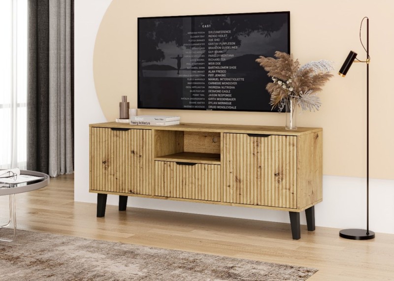 Szafka RTV Scandi Slim z ryflowanymi frontami 140 cm dąb artisan