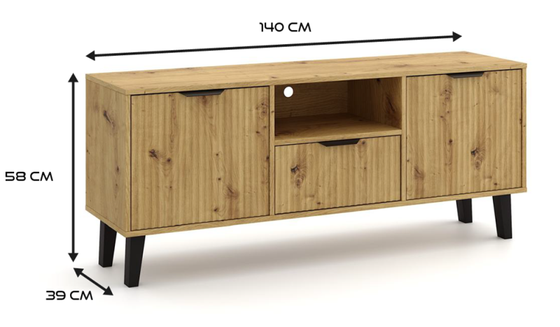 Szafka RTV Scandi Slim z ryflowanymi frontami 140 cm dąb artisan