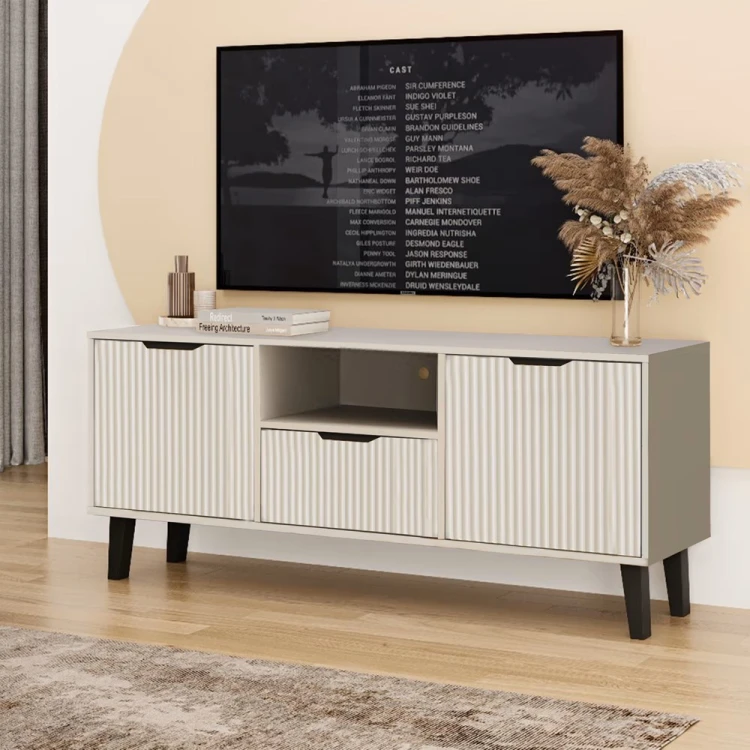Szafka RTV Scandi Slim z ryflowanymi frontami 140 cm kaszmir