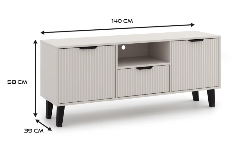 Szafka RTV Scandi Slim z ryflowanymi frontami 140 cm kaszmir