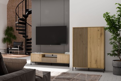 Witryna Kamaro Slim 2-drzwiowa z ryflowanym i gładkim frontem 103 cm dąb artisan
