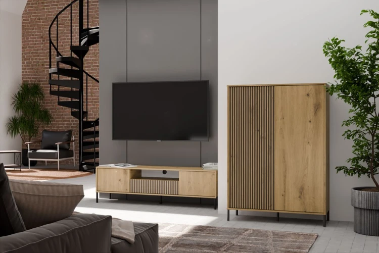 Witryna Kamaro Slim 2-drzwiowa z ryflowanym i gładkim frontem 103 cm dąb artisan