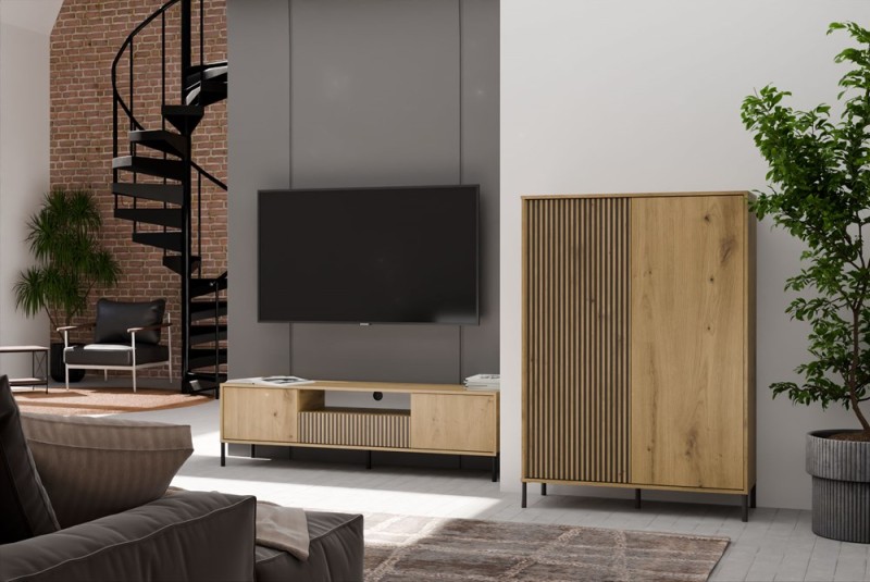 Witryna Kamaro Slim 2-drzwiowa z ryflowanym i gładkim frontem 103 cm dąb artisan