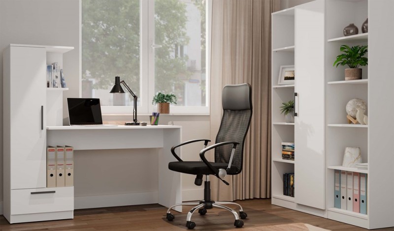 Biurko Cosmo z wysokim regałem i szufladą nowoczesne 143 cm białe