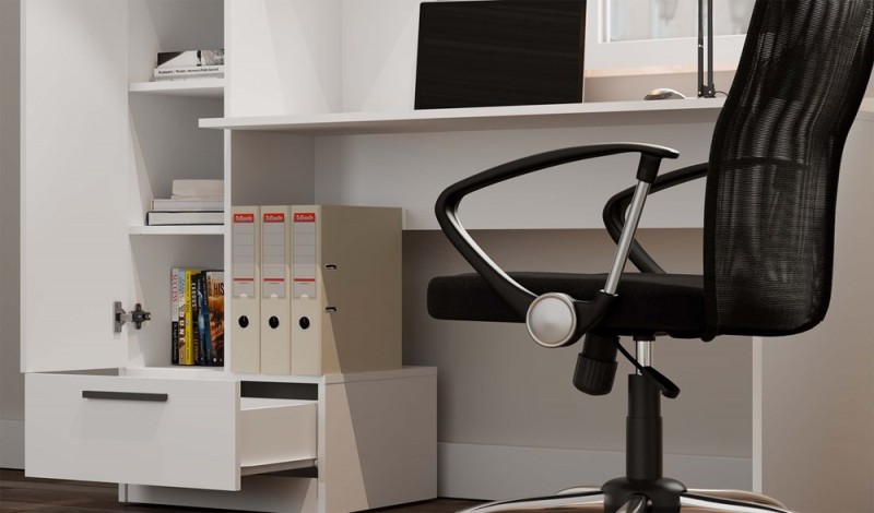 Biurko Cosmo z wysokim regałem i szufladą nowoczesne 143 cm białe