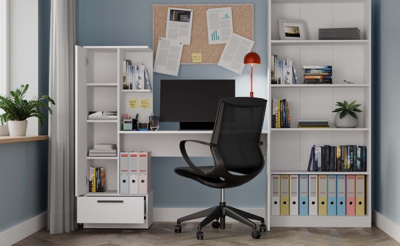 Biurko Cosmo z wysokim regałem i szufladą nowoczesne 143 cm białe