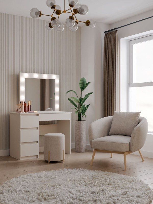 Toaletka Marina lewa z lustrem LED i szufladami do sypialni 98 cm kaszmir