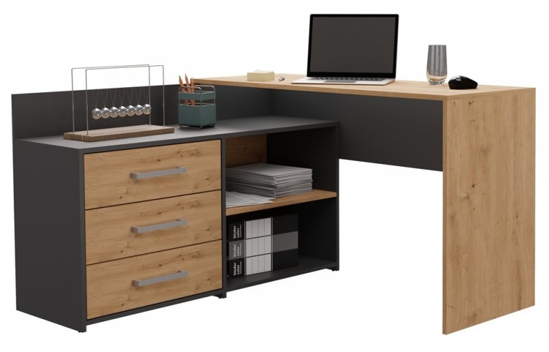 Biurko narożne Dany nowoczesne z szufladami 120 cm antracyt/dąb artisan