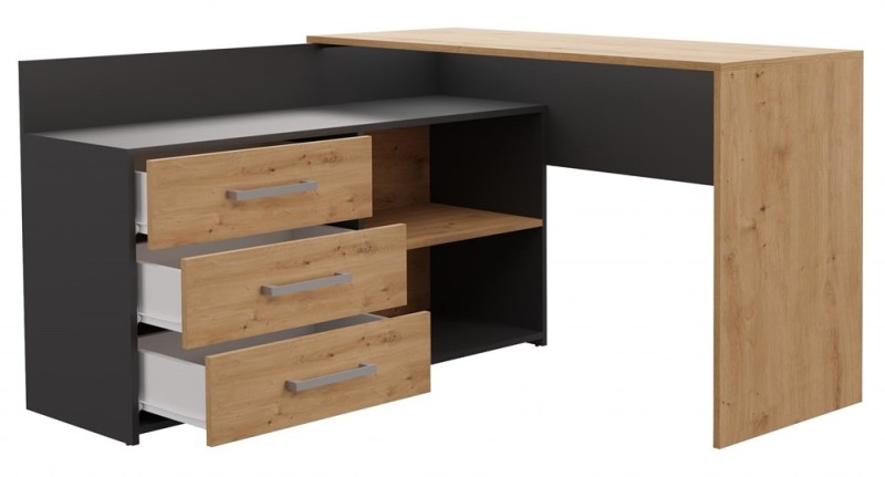 Biurko narożne Dany nowoczesne z szufladami 120 cm antracyt/dąb artisan