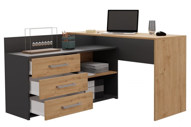 Biurko narożne Dany nowoczesne z szufladami 120 cm antracyt/dąb artisan
