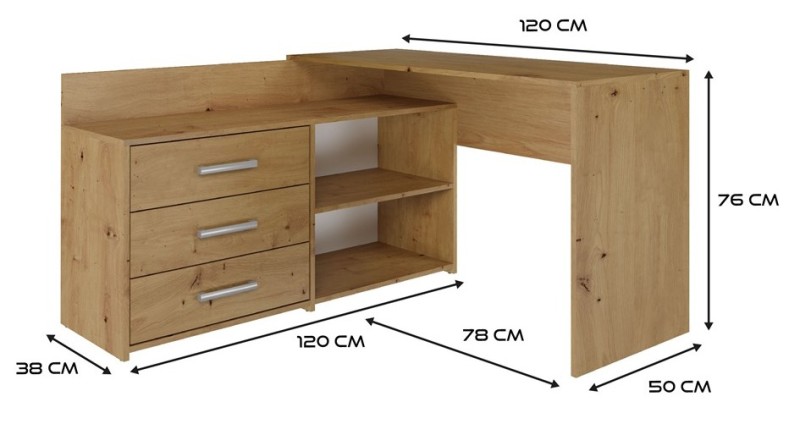Biurko narożne Dany nowoczesne z szufladami 120 cm dąb artisan