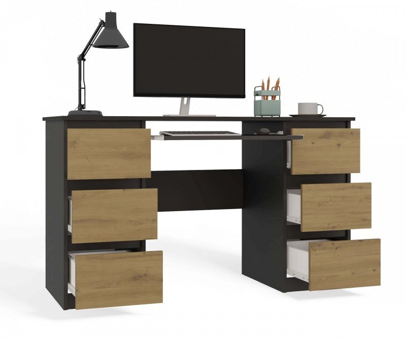 Biurko komputerowe Kuba nowoczesne z 6 szufladami 130 cm antracyt/dąb artisan