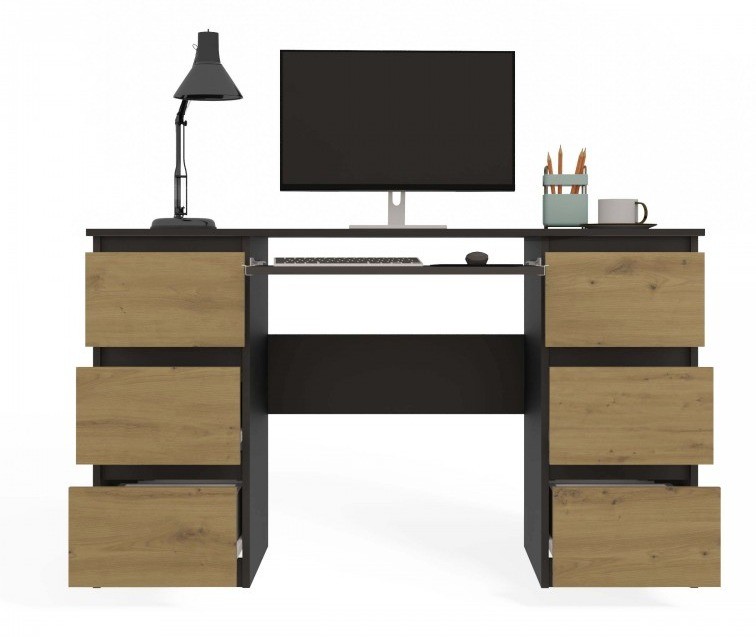 Biurko komputerowe Kuba nowoczesne z 6 szufladami 130 cm antracyt/dąb artisan
