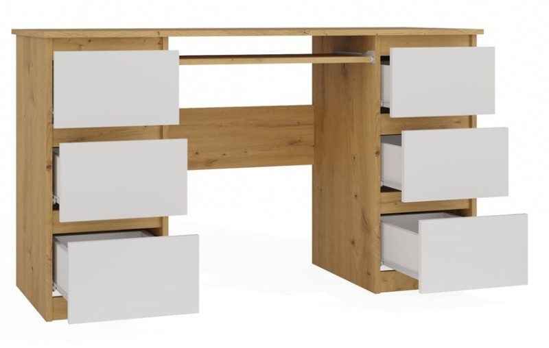 Biurko komputerowe Kuba nowoczesne z 6 szufladami 130 cm dąb artisan/biały