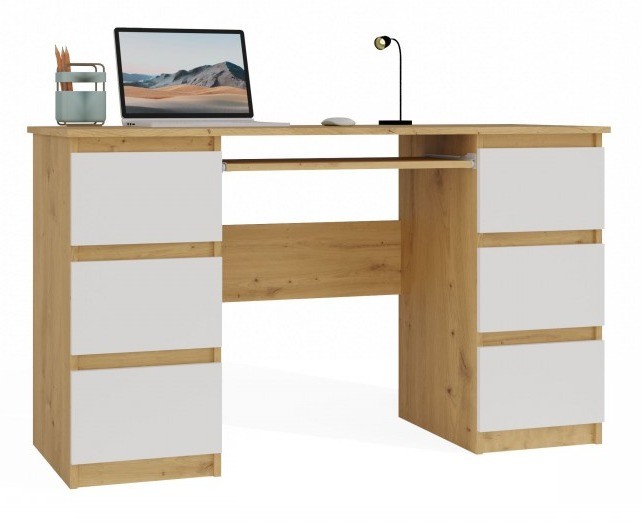 Biurko komputerowe Kuba nowoczesne z 6 szufladami 130 cm dąb artisan/biały