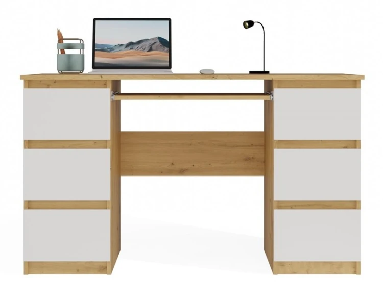 Biurko komputerowe Kuba nowoczesne z 6 szufladami 130 cm dąb artisan/biały