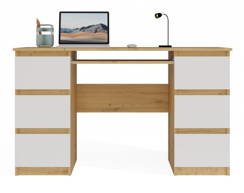 Biurko komputerowe Kuba nowoczesne z 6 szufladami 130 cm dąb artisan/biały