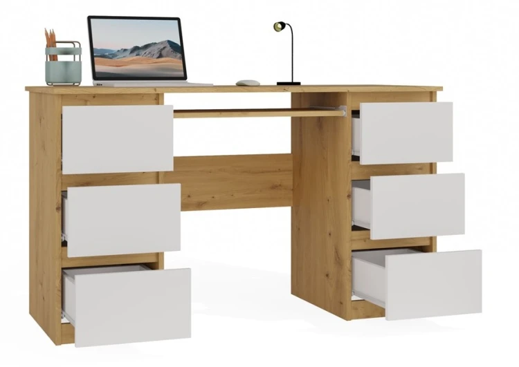 Biurko komputerowe Kuba nowoczesne z 6 szufladami 130 cm dąb artisan/biały