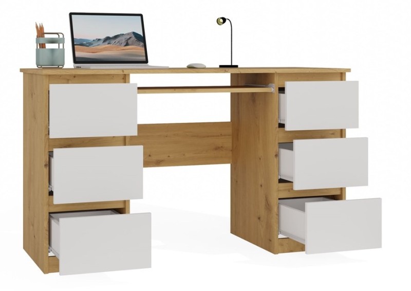 Biurko komputerowe Kuba nowoczesne z 6 szufladami 130 cm dąb artisan/biały
