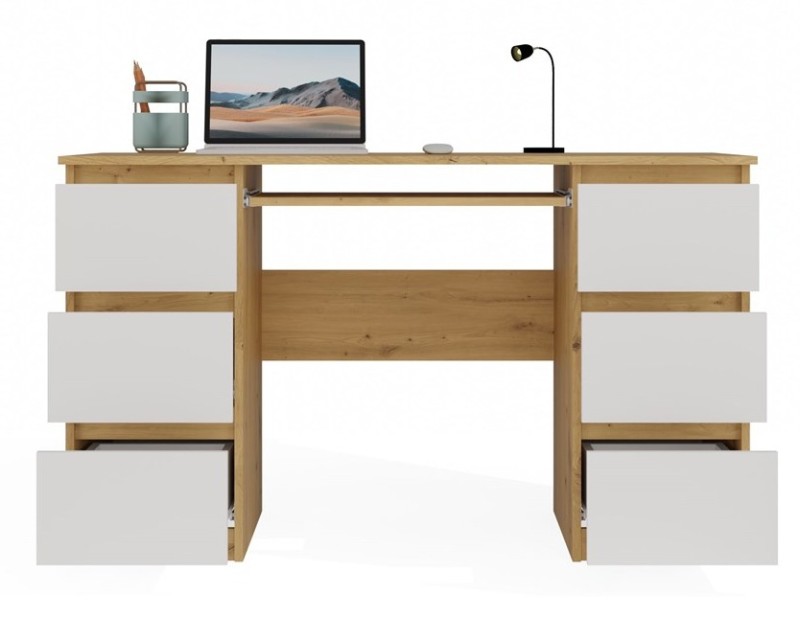 Biurko komputerowe Kuba nowoczesne z 6 szufladami 130 cm dąb artisan/biały