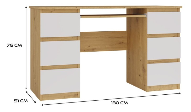Biurko komputerowe Kuba nowoczesne z 6 szufladami 130 cm dąb artisan/biały