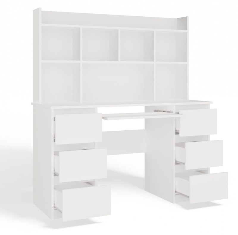 Biurko komputerowe Kuba z nadstawką nowoczesne z 6 szufladami 130 cm biały
