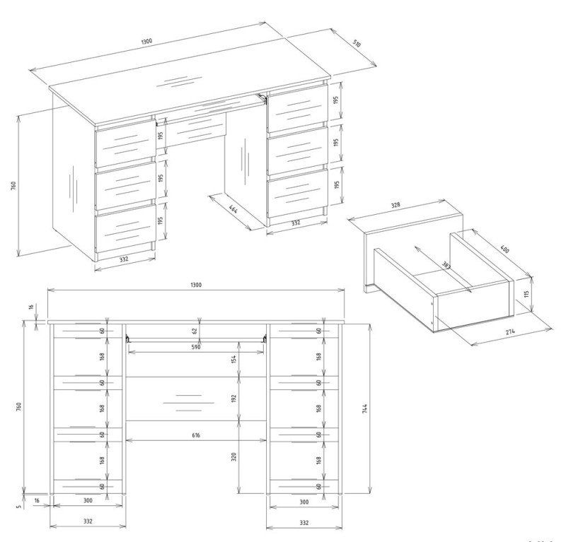Biurko komputerowe Kuba z nadstawką nowoczesne z 6 szufladami 130 cm biały
