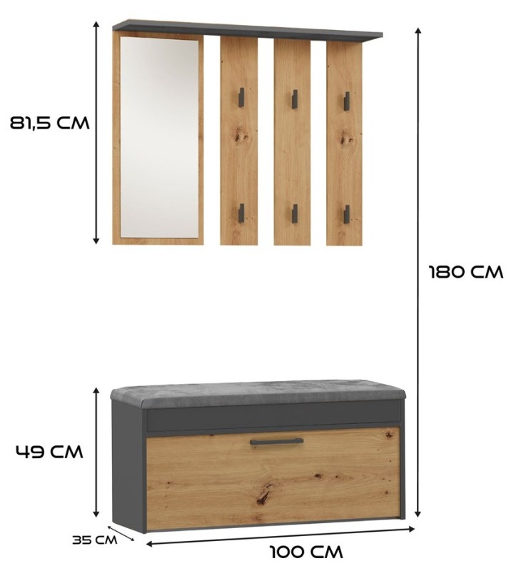 Garderoba Parma zestaw mebli do przedpokoju 100 cm antracyt/dąb artisan