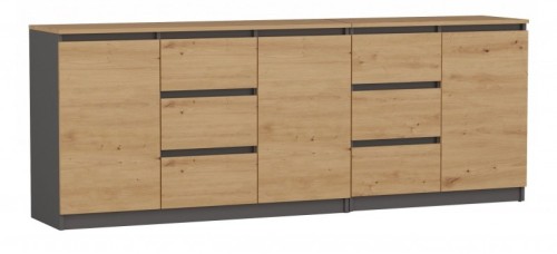 Komoda Costa 6 szuflad 3 drzwi do salonu 200 cm antracyt/dąb artisan