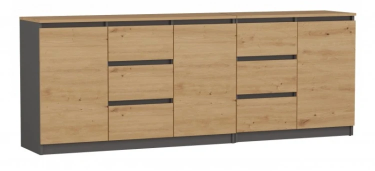 Komoda Costa 6 szuflad 3 drzwi do salonu 200 cm antracyt/dąb artisan