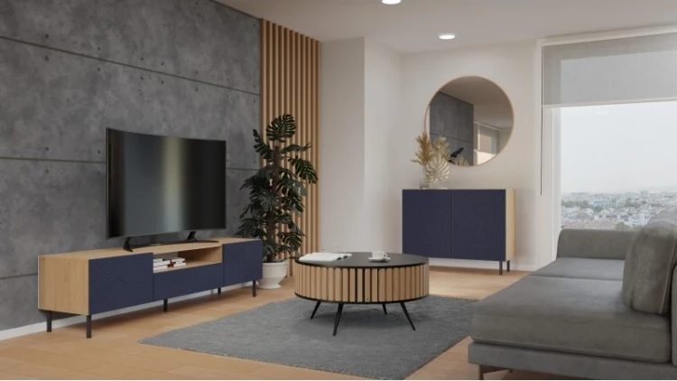 Komoda Kama 2K dwudrzwiowa ryflowany front kwadrat 100 cm dąb artisan/granatowy