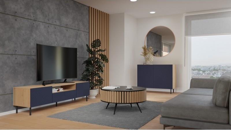 Komoda Kama 2K dwudrzwiowa ryflowany front kwadrat 100 cm dąb artisan/granatowy