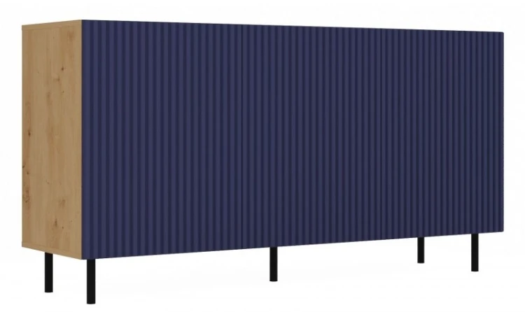 Komoda Kama Slim trzydrzwiowa ryflowany front lamele 150 cm dąb artisan/granatowy