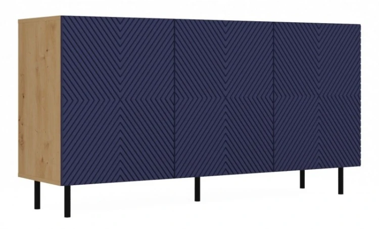 Komoda Kama 3K trzydrzwiowa ryflowany front kwadrat 150 cm dąb artisan/granatowy