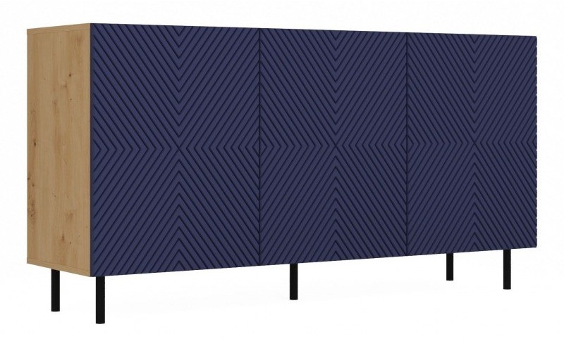Komoda Kama 3K trzydrzwiowa ryflowany front kwadrat 150 cm dąb artisan/granatowy