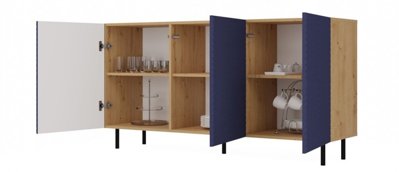 Komoda Kama 3K trzydrzwiowa ryflowany front kwadrat 150 cm dąb artisan/granatowy