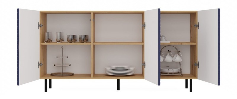 Komoda Kama 3K trzydrzwiowa ryflowany front kwadrat 150 cm dąb artisan/granatowy