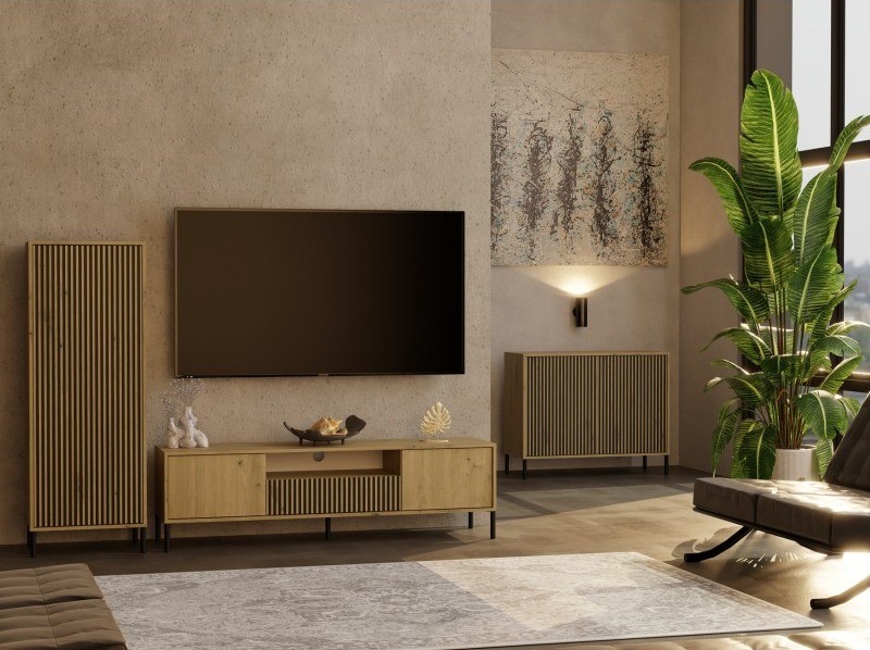 Komoda Kamaro 2D Slim dwudrzwiowa ryflowany front lamele 100 cm dąb artisan
