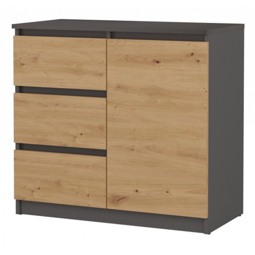 Komoda Malwa 1D3S jednodrzwiowa z 3 szufladami do salonu 80 cm antracyt/dąb artisan