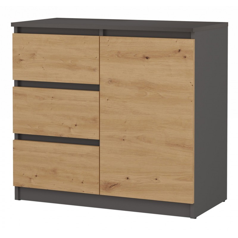 Komoda Malwa 1D3S jednodrzwiowa z 3 szufladami do salonu 80 cm antracyt/dąb artisan