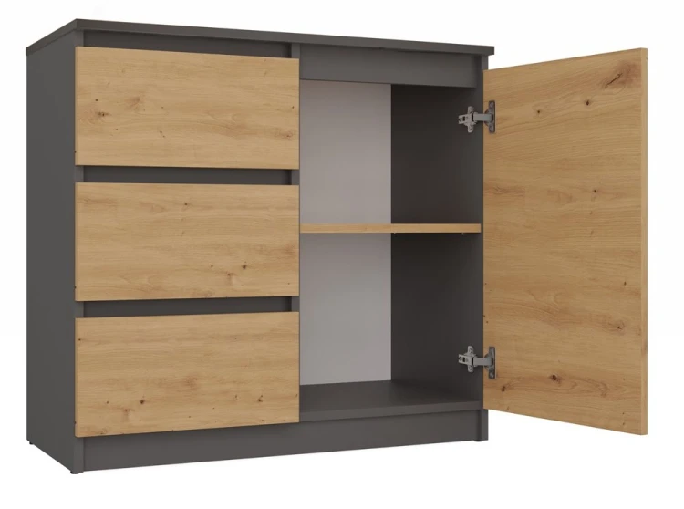 Komoda Malwa 1D3S jednodrzwiowa z 3 szufladami do salonu 80 cm antracyt/dąb artisan