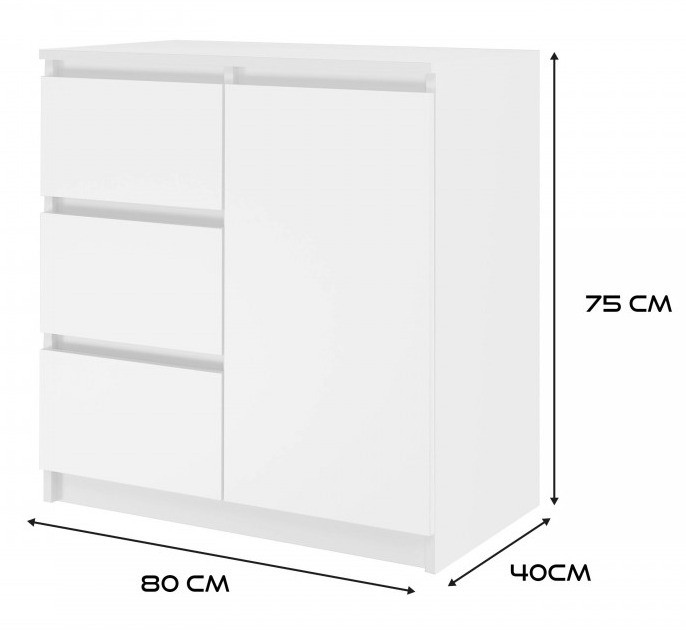 Komoda Malwa 1D3S jednodrzwiowa z 3 szufladami do salonu 80 cm biały