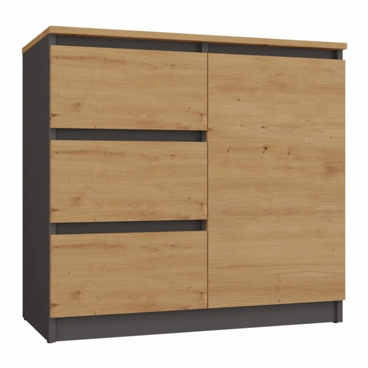 Komoda Malwa 1D3S jednodrzwiowa z 3 szufladami do salonu 80 cm antracyt/dąb artisan/blat dąb artisan