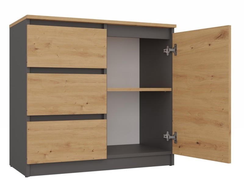 Komoda Malwa 1D3S jednodrzwiowa z 3 szufladami do salonu 80 cm antracyt/dąb artisan/blat dąb artisan