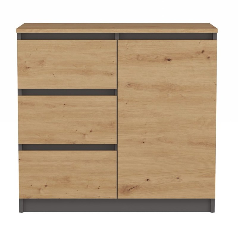 Komoda Malwa 1D3S jednodrzwiowa z 3 szufladami do salonu 80 cm antracyt/dąb artisan/blat dąb artisan