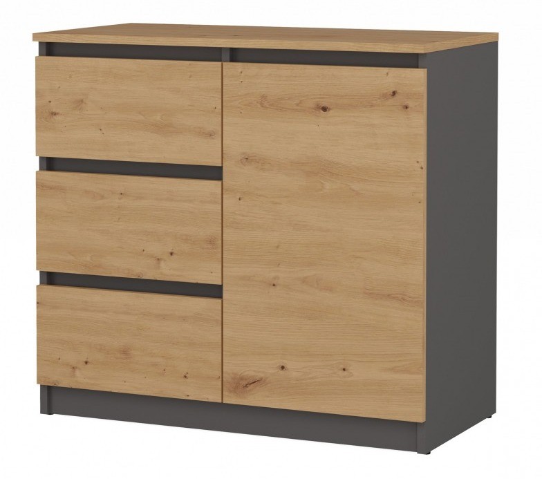 Komoda Malwa 1D3S jednodrzwiowa z 3 szufladami do salonu 80 cm antracyt/dąb artisan/blat dąb artisan