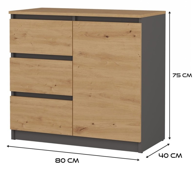 Komoda Malwa 1D3S jednodrzwiowa z 3 szufladami do salonu 80 cm antracyt/dąb artisan/blat dąb artisan