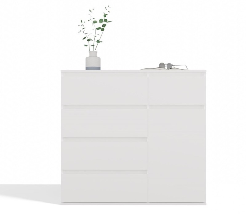 Komoda Malwa 1D5S jednodrzwiowa z 5 szufladami do salonu 100 cm biały